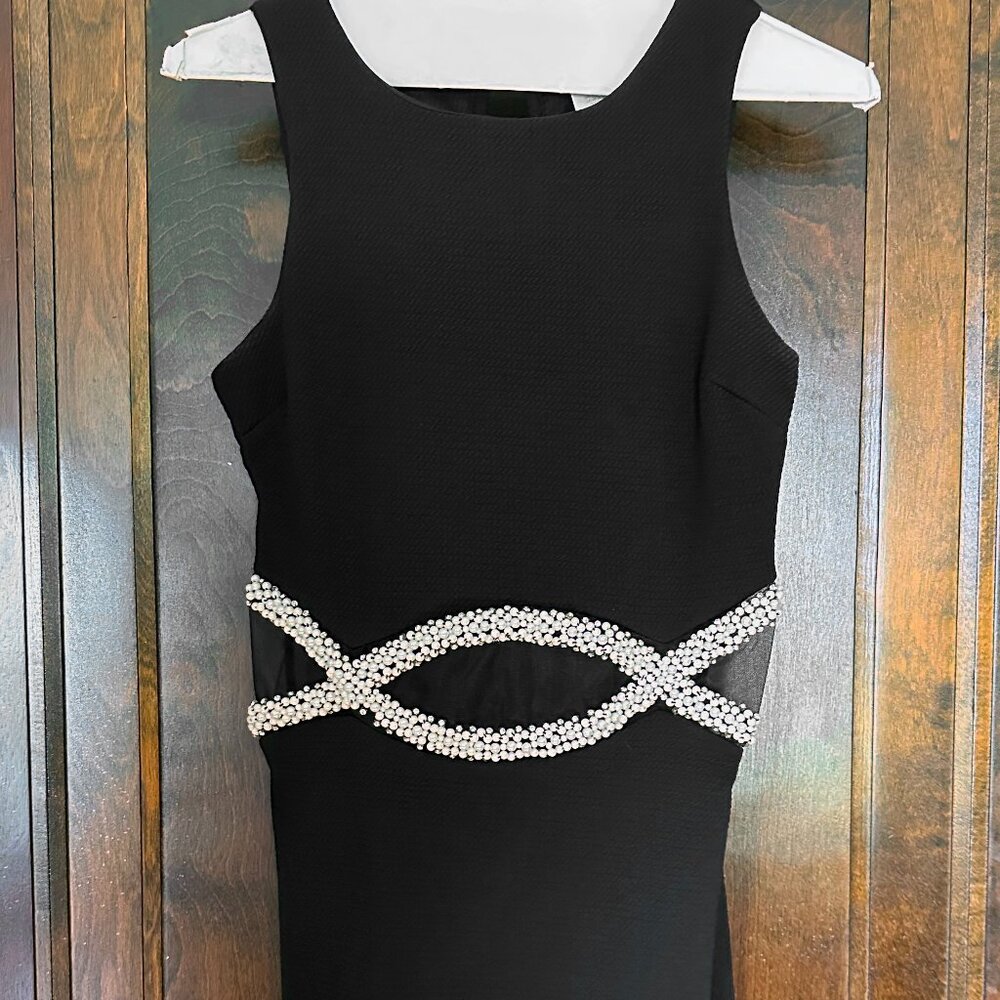 Black Bodycon Mini Scoop Tank Dress with Pearl & Mesh Detail
